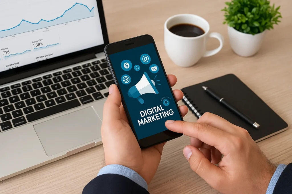 Marketer analyzing SEO leads on digital marketing dashboard.