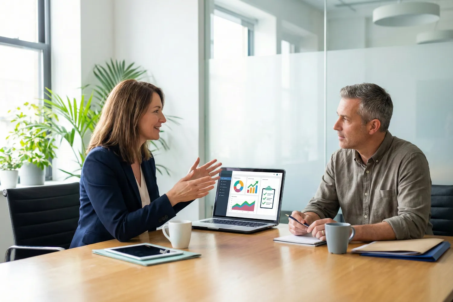 An SEO consultant teaches a business owner during an SEO training session in a bright office meeting room. A laptop on the table shows colorful analytics charts and website performance visuals.