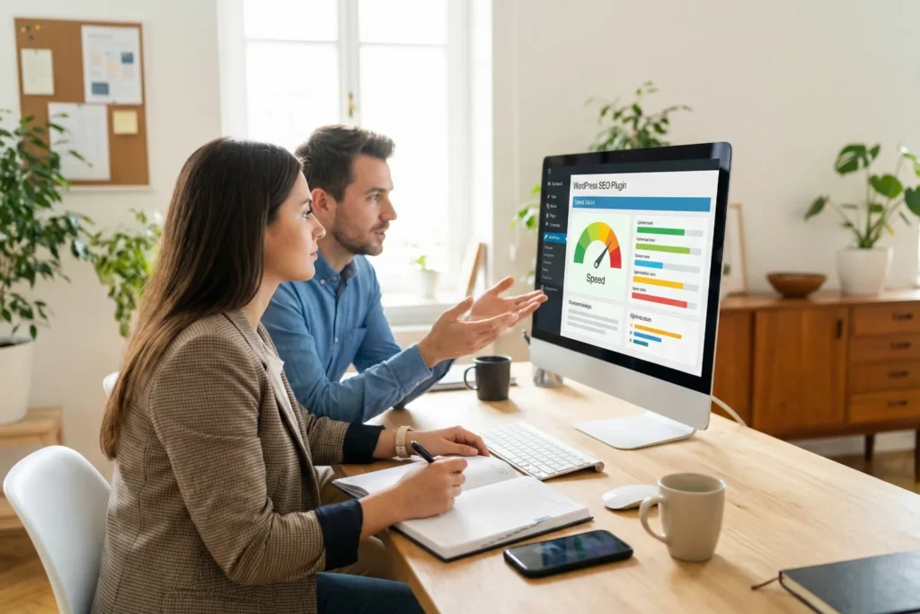A consultant helps a business owner make smarter WordPress optimization decisions during an SEO training discussion in a modern office. A large monitor shows colorful site speed and plugin performance visuals.