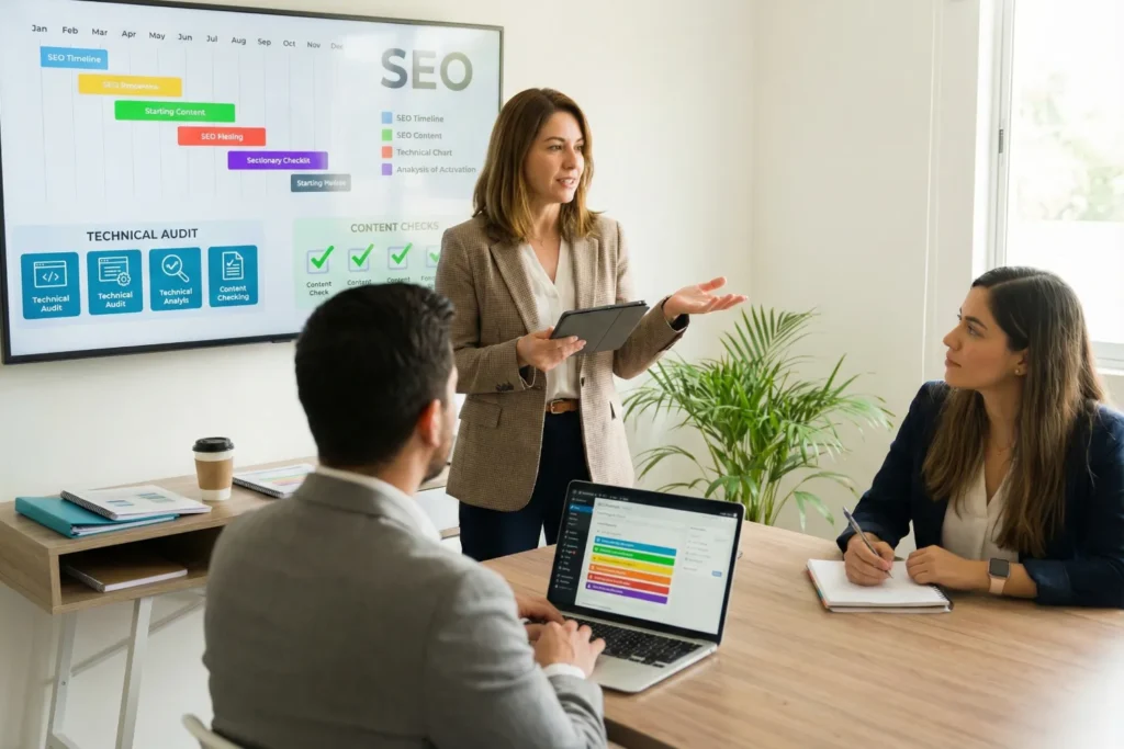 An SEO instructor teaches two business owners during an SEO training workshop in a bright conference room. A large screen and laptops show colorful SEO timelines and WordPress optimization tools.