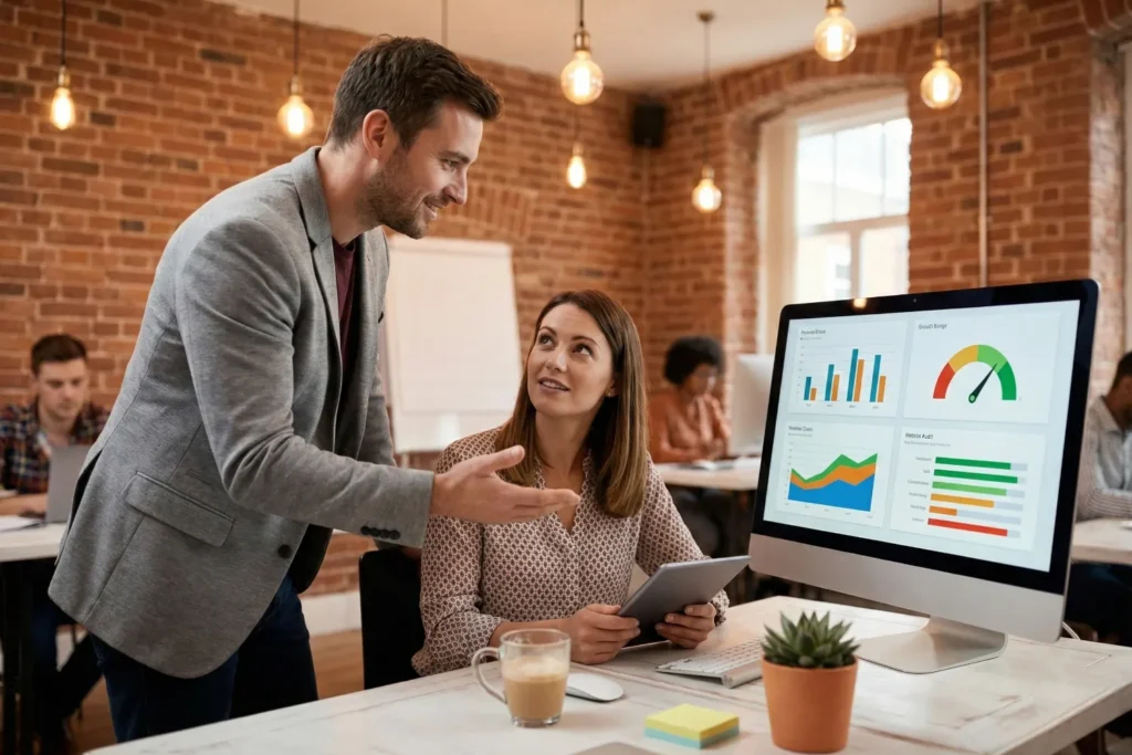 A male SEO coach explains technical website fixes to a female client during an SEO training session in a colorful coworking office. A desktop monitor shows bright performance charts and site speed improvements.